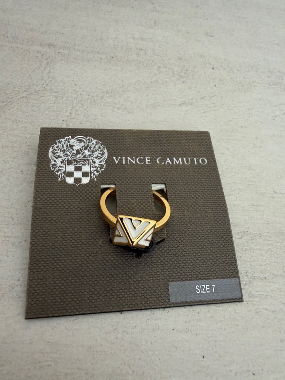 Vince Camuto Gold and White V-Logo Ring